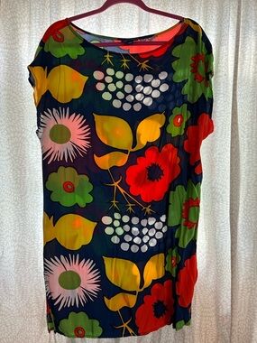 Marimekko Navy Floral Shift Dress with Red, Green, Yellow Accents